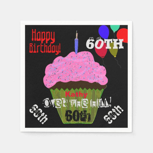 60th Over the Hill Personalized Pink Cupcake Napkin (Front)