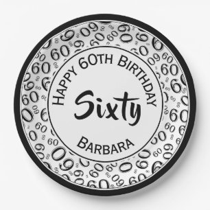60th Party Random Number Pattern Black/White Paper Plate