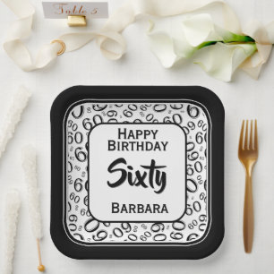 60th Party Random Number Pattern Black/White  Paper Plate