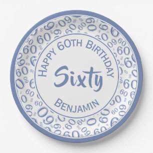 60th Party Random Number Pattern Blue/White Paper Plate