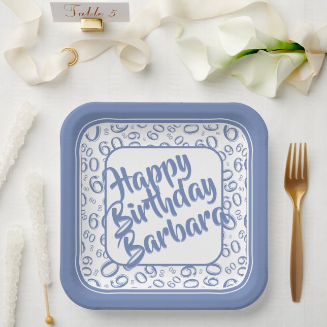 60th Party Random Number Pattern Blue & White Paper Plate (Wedding)
