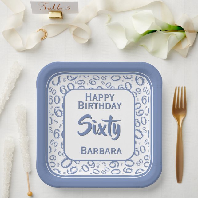 60th Party Random Number Pattern Blue/White  Paper Plate (Wedding)