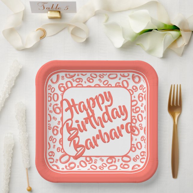 60th Party Random Number Pattern Coral & White Paper Plate (Wedding)