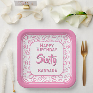 60th Party Random Number Pattern Pink/White  Paper Plate