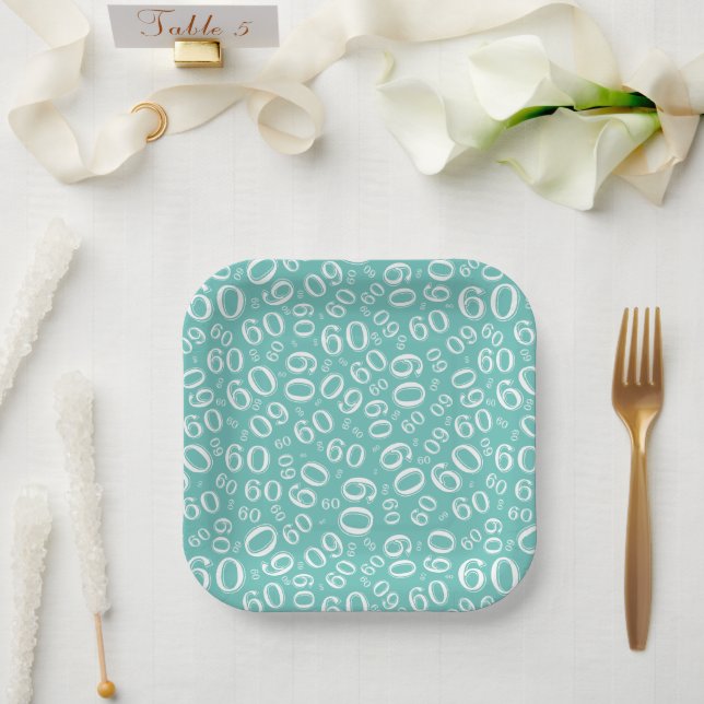 60th Party Random Number Pattern Teal/White Paper Plate (Wedding)