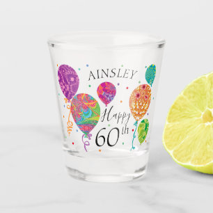 60th Purple Aqua Birthday Balloons Custom Name Shot Glass