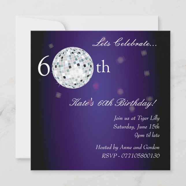 60th Purple Disco Ball Party Invitation (Front)