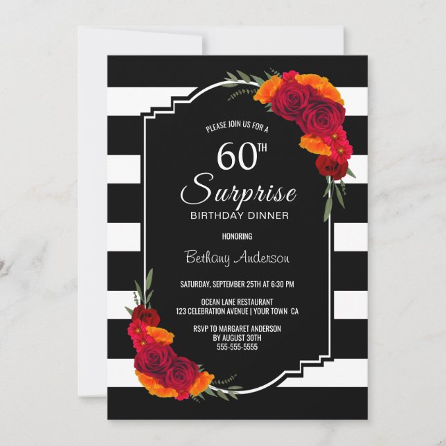 60th Surprise Birthday Dinner Black White Striped Invitation (Front)