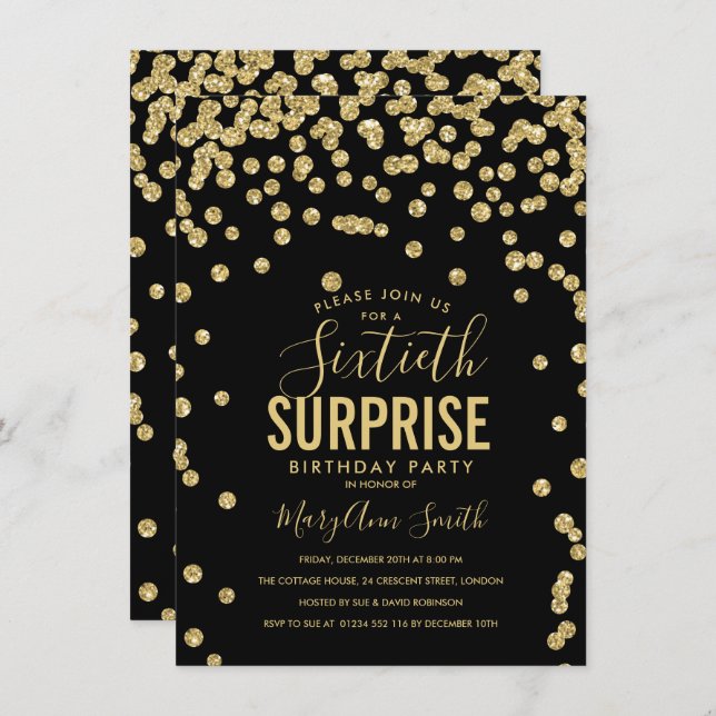 60th Surprise Birthday Gold Black Invitation (Front/Back)