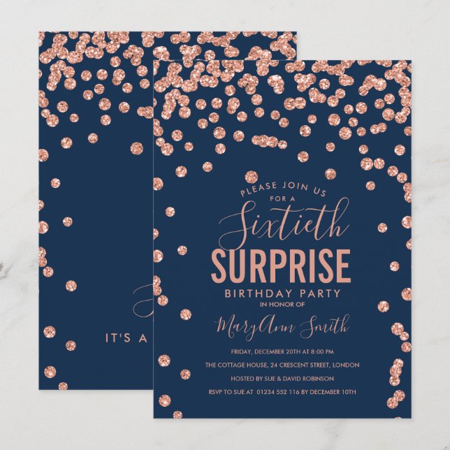 60th Surprise Birthday Rose Gold Navy Blue Invitation (Front/Back)