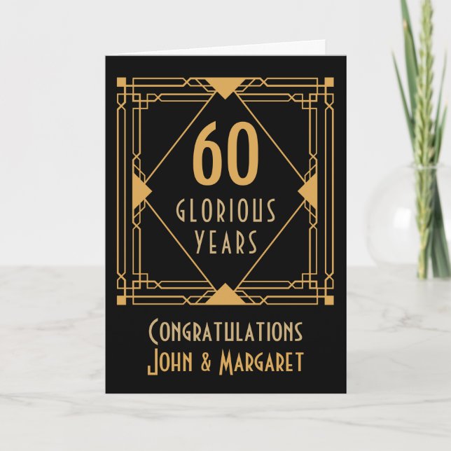 60th Wedding Anniversary Art Deco Names Gold Black Card (Front)