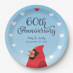 60th Wedding Anniversary, Cardinal and Hearts Paper Plate