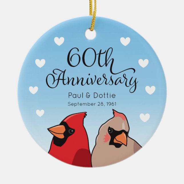 60th Wedding Anniversary, Cardinal Bird Pair Ceramic Ornament (Front)