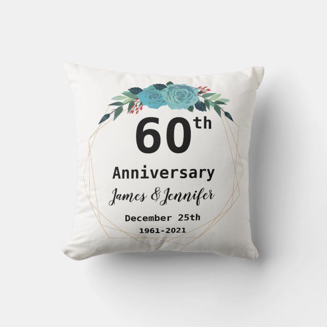60th Wedding Anniversary Custom Names and Year Throw Pillow (Front)