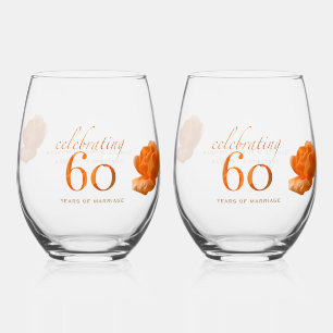 60th wedding anniversary customize peach rose gift stemless wine glass