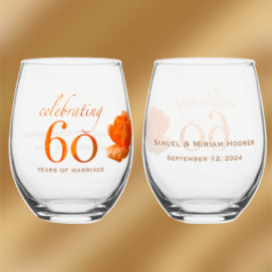 60th wedding anniversary customize peach rose gift stemless wine glass