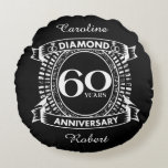 60th wedding anniversary diamond crest round pillow<br><div class="desc">A romantic design to celebrate your 60th year of marriage. If you would like any help customizing this design please contact me, their is an ask this designer button, just below this text. This sixtieth, 60 years wedding anniversary crest has the text diamond as that is the traditional gift for...</div>