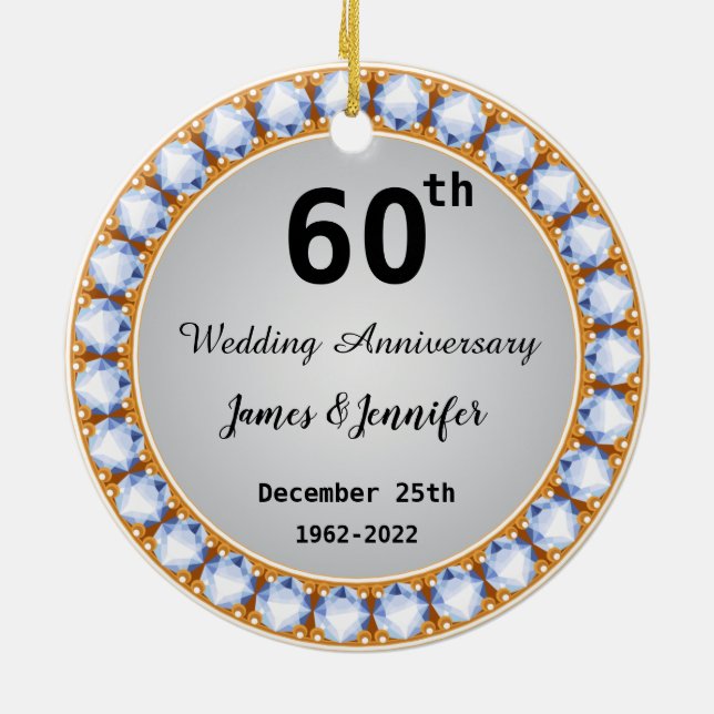 60th Wedding Anniversary diamond Custom Names Ceramic Ornament (Back)