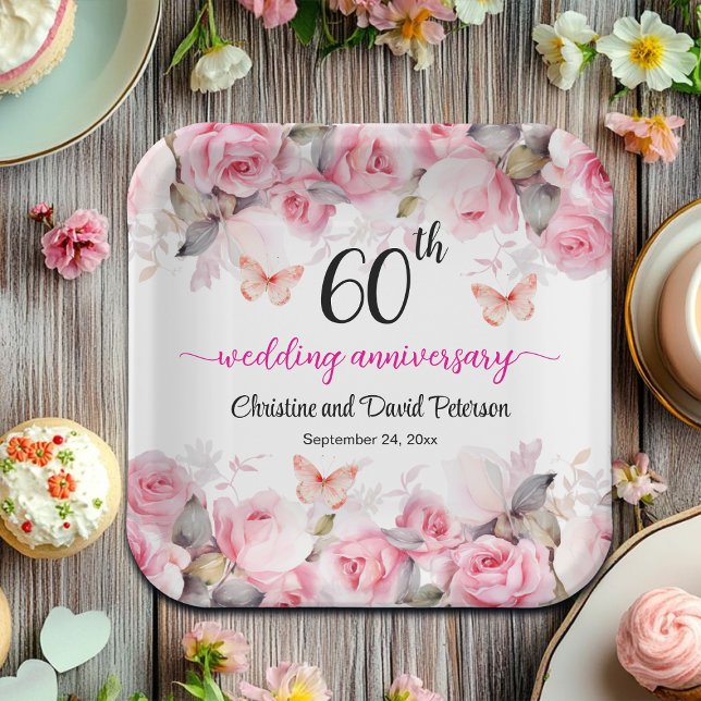 60th Wedding Anniversary Elegant Blush Roses Paper Plate (Creator Uploaded)