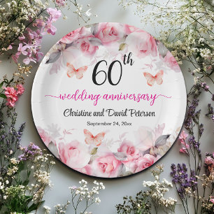 60th Wedding Anniversary Elegant Blush Roses Paper Plate