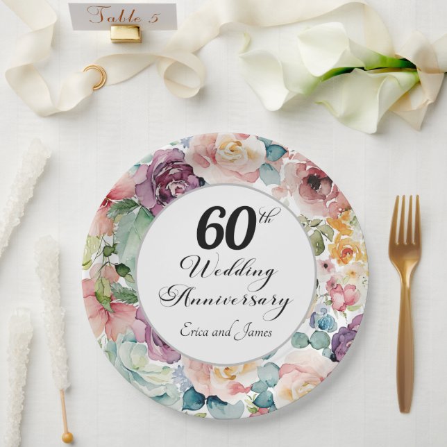 60th Wedding Anniversary Elegant Script Floral Paper Plate (Wedding)
