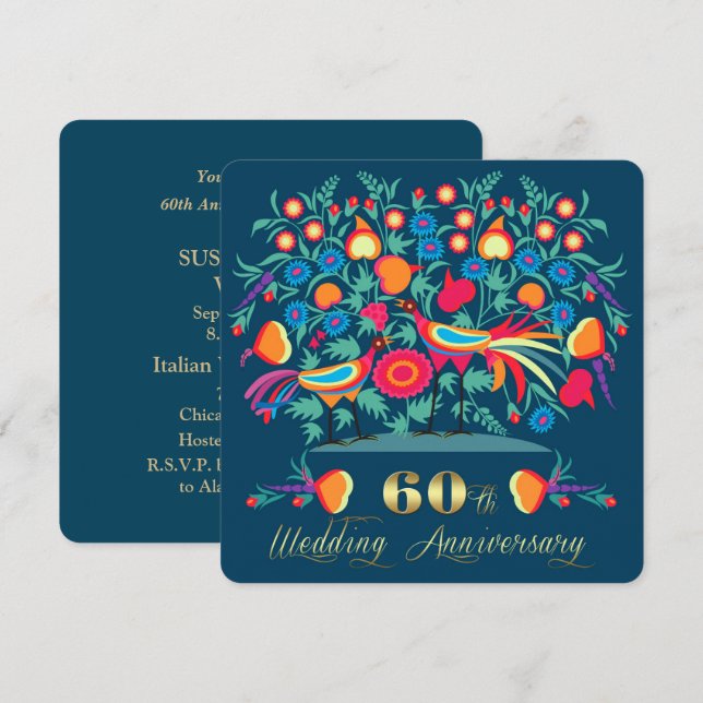 60th Wedding Anniversary Folk Art Invitation (Front/Back)