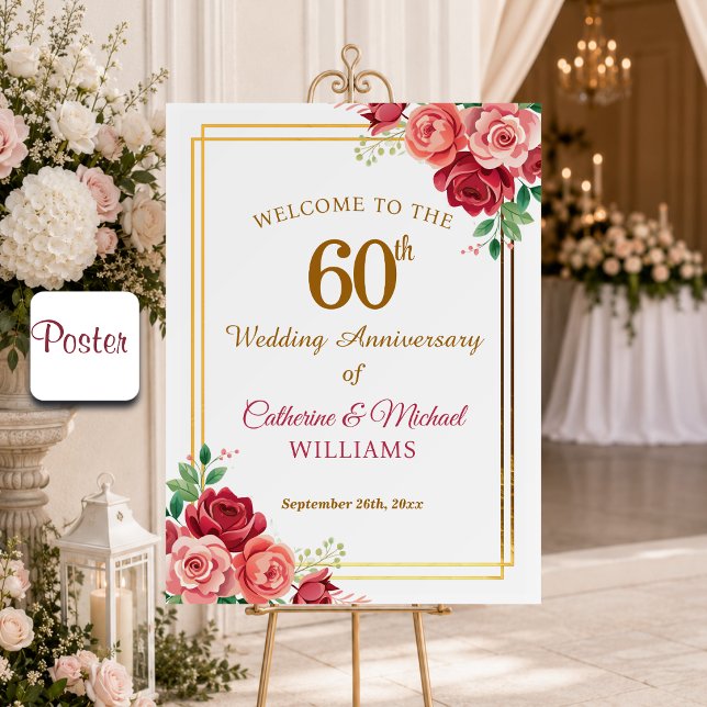 60th Wedding Anniversary Gold Frame Floral Poster (Creator Uploaded)
