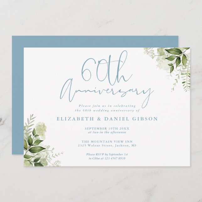 60th Wedding Anniversary Greenery Floral Invitation (Front/Back)