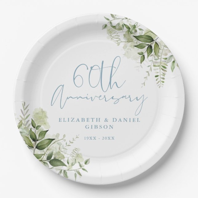 60th Wedding Anniversary Greenery Floral Paper Plate (Front)