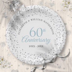 60th Wedding Anniversary Love Hearts Confetti Paper Plate