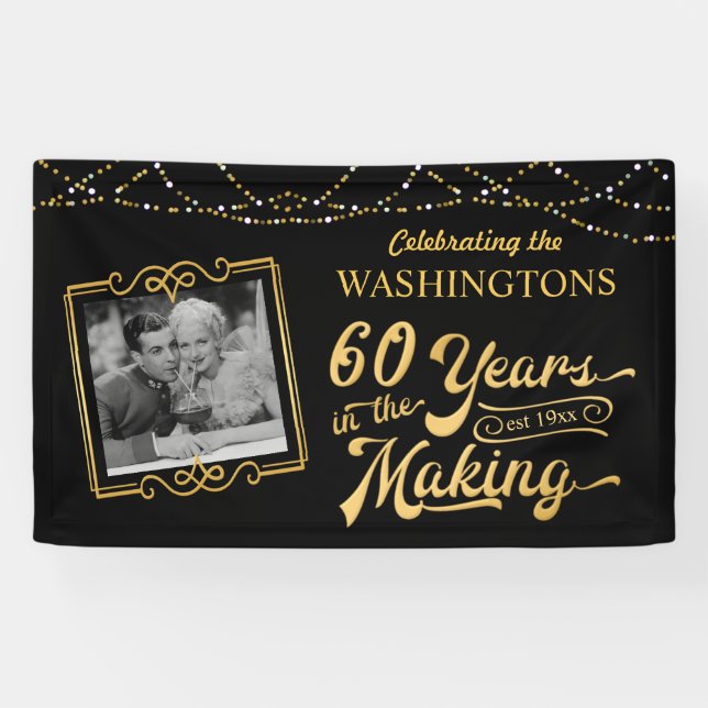 60th Wedding Anniversary Photo Black Gold Lights Banner (Horizontal)