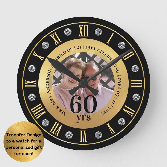 60th Wedding Anniversary PHOTO Gift Diamond Sixty Round Clock (Creator Uploaded)