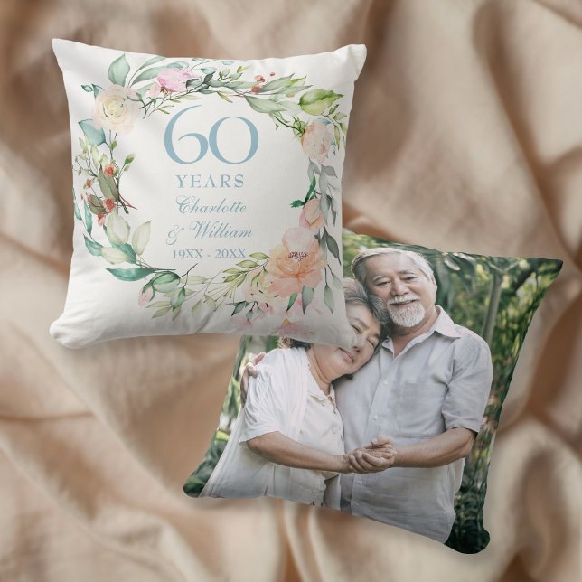 60th Wedding Anniversary Photo Roses Watercolor Throw Pillow (Creator Uploaded)