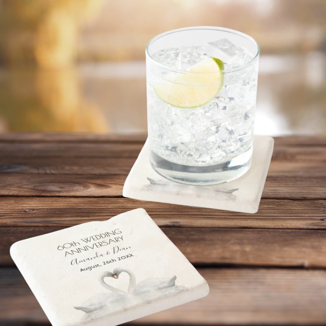 60th wedding anniversary romantic white swans stone coaster (Creator Uploaded)