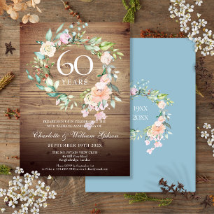 60th Wedding Anniversary Roses Rustic Wood Invitation