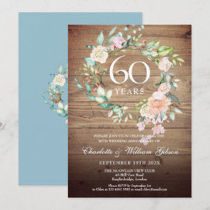 60th Wedding Anniversary Roses Rustic Wood Invitation