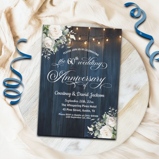 60th Wedding Anniversary Rustic Blue String Lights Invitation (Creator Uploaded)