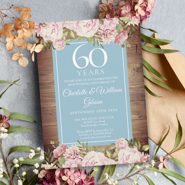 60th Wedding Anniversary Rustic Roses Greenery  Invitation (60th Wedding Anniversary Rustic Roses Greenery Invitation)