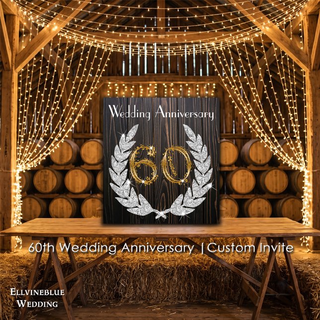 60th Wedding Anniversary | Rustic Wood & Gold Invitation (60th Wedding Anniversary Invite | Rustic Wood & Diamond Laurel. Size: 5.25” x 5.25”)