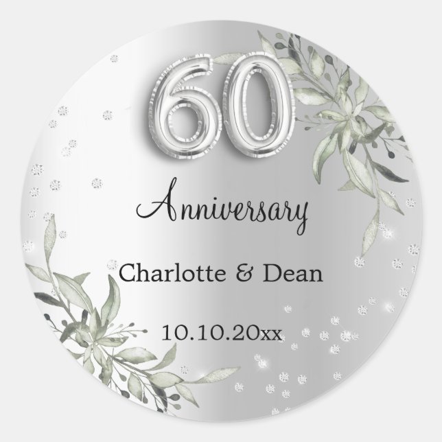 60th wedding anniversary silver diamonds classic round sticker (Front)