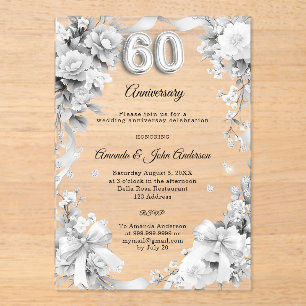 60th wedding anniversary silver florals bows acrylic invitations
