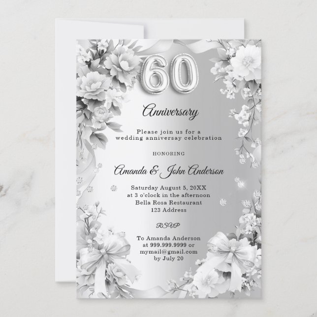 60th wedding anniversary silver florals bows invitation (Front)