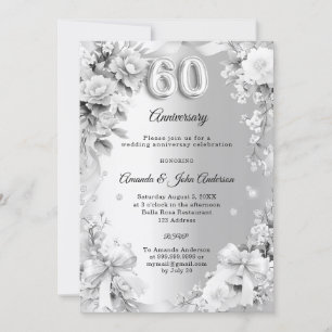 60th wedding anniversary silver florals bows photo invitation