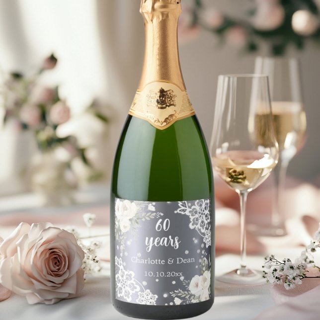 60th wedding anniversary silver florals diamonds sparkling wine label (Creator Uploaded)