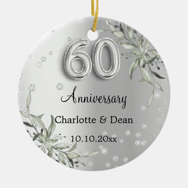 60th wedding anniversary silver greenery diamonds ceramic ornament (Front)