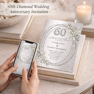 60th wedding anniversary silver greenery diamonds invitation
