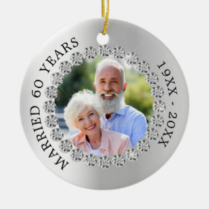 60th wedding anniversary silver photo diamonds ceramic ornament