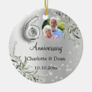 60th wedding anniversary silver photo diamonds ceramic ornament