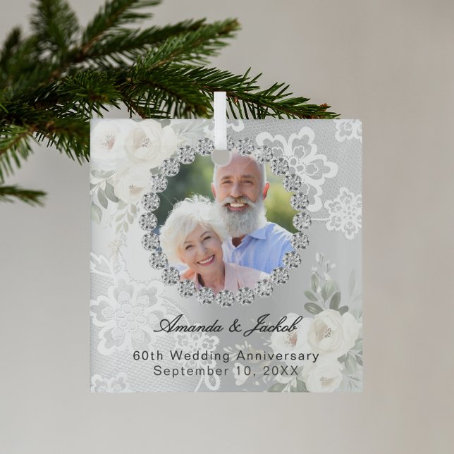 60th Wedding Anniversary silver photo florals lace Glass Ornament (Creator Uploaded)