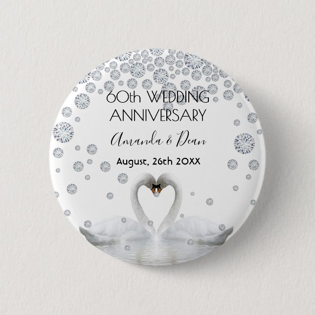 60th wedding anniversary white swans in love 2 inch round button (Front)